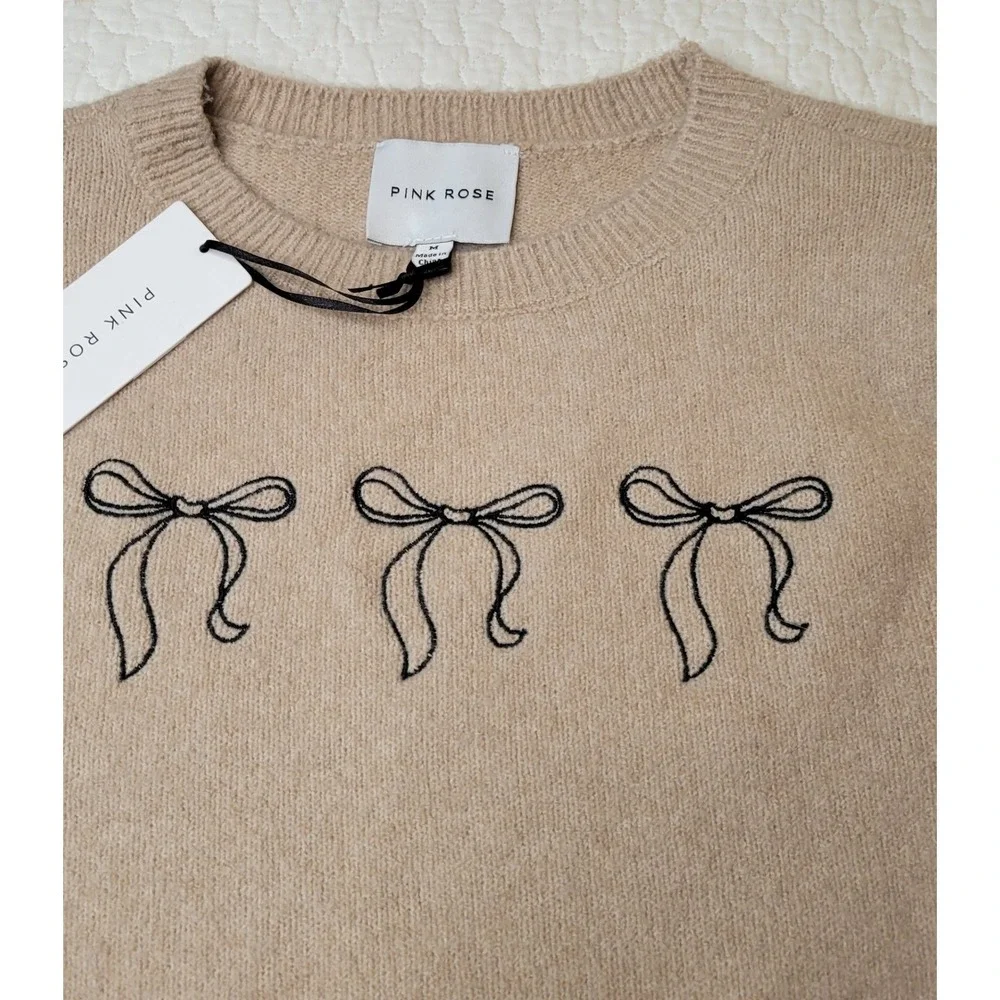 Pink Rose Short Sleeve Sweater Womens Sz M Tan Embroidered Bows Puff Sleeve NEW - Picture 13 of 13